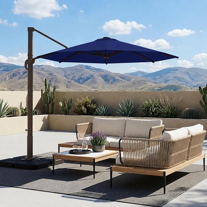 Kingdura 9ft Cantilever Patio Umbrella with Base Included, Large Round Metal Outdoor Offset Umbrella with 360-degree Rotation, 4 Position Tilt, UV Protection for Pool Deck Patio (Navy blue)