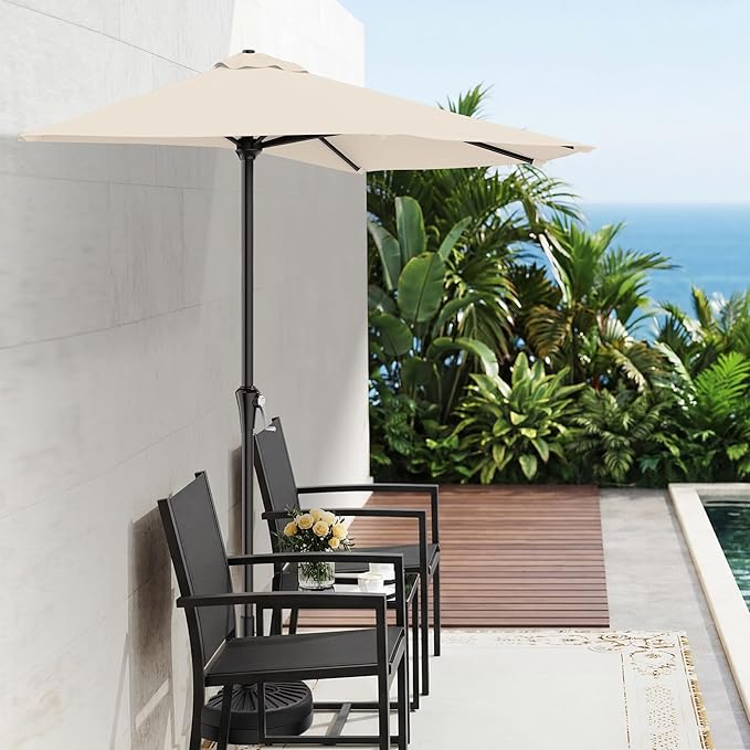 AreShark 9FT Half Patio Umbrella, Outdoor Wall Umbrella with Crank & 5 Sturdy Ribs, Table 1/2 Umbrella Patio for Garden, Deck, Balcony and Pool, Cream White