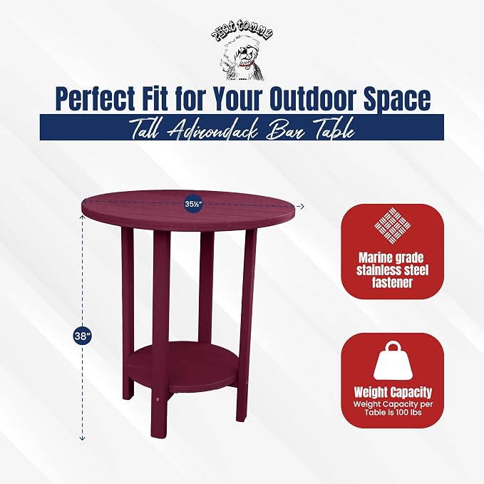 Phat Tommy Round Bar Height Patio Table - Outdoor Bar Table - Balcony Height Patio Furniture for Your Deck - Poly Outdoor Furniture, Dark Red
