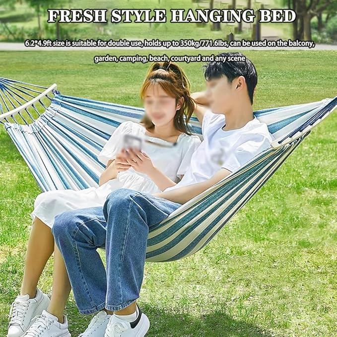 Anti-Rollover Double Hammock for Yard, Portable Compact Canvas Hanging Bed for Outdoor, Leisure/Relaxation, Load Bearing 350kg/771.6lbs(Blue White)