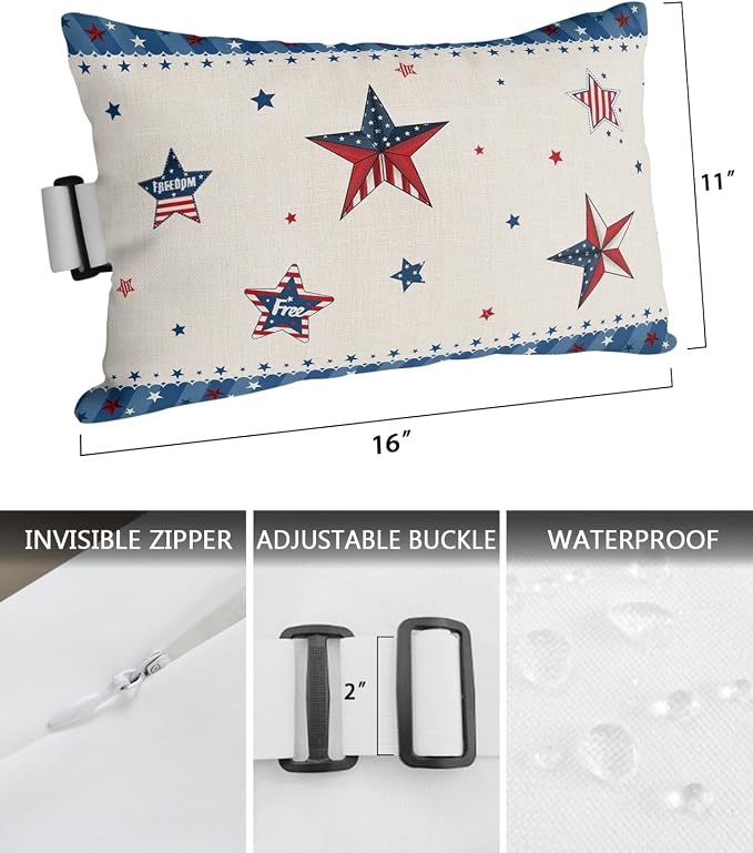 Outdoor Pillows Covers with Inserts 4th of July USA Flag Star Patriot Cotton Linen Waterproof Pillow with Adjustable Strap Throw Pillows for Patio Furniture Recliner Lounge Chair, 11x16 inch, 1PCS