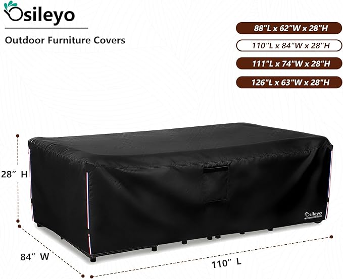 Patio Furniture Covers Waterproof,600D Heavy Duty Patio Cover for 6/7/8 PCS Sets Sectional Sofa Couch Dining Rocking Swivel Chairs Ottomans Coffee Table,110L x 84W x 28H inch Black