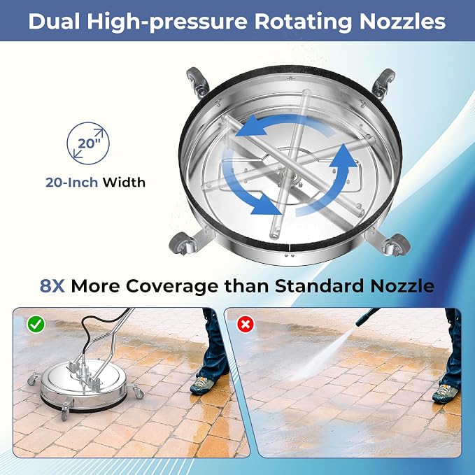 COSTWAY 20" Pressure Washer Surface Cleaner, Stainless Steel Power Cleaner Attachment with Casters, Dual Handles, 3/8'' Quick-Connect, Replacement Nozzle Cores & 2 Hose Adapters, 4000 PSI
