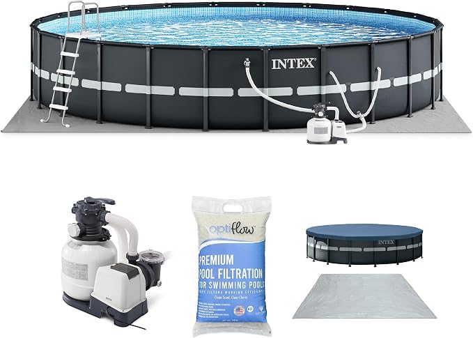 INTEX Above Ground Swimming Pool Set, Ultra XTR 24' x 52" Round Frame Bundled with 2 Pack OptiFlow Premium Pure Silica Filter Pool Sand, 50 lb Bag