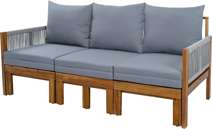 JIVOIT Outdoor Patio Daybed with Rope-Woven Armrests, Convertible Outdoor Sleeper Sofa with Acacia Wood Frame, 3 Seat Patio Sunbed for Backyard, Pool (Gray/85)