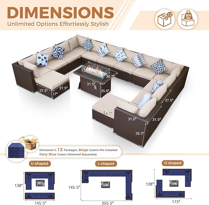 BULEXYARD 15 Piece Highback Wicker Patio Furniture Sets with Firepit, All-Weather Heavy Duty Outdoor Conversation Set Modular, Extra Deep Wide 14-Seats Sectional Couch Sofa for Backyard, Brown & Blue