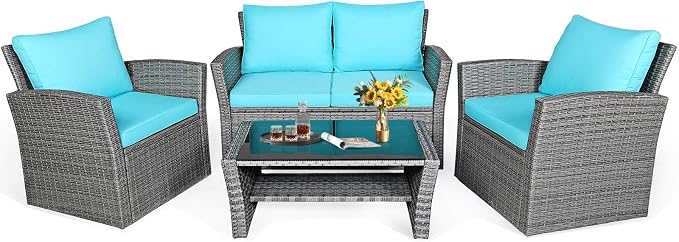 HAPPYGRILL 4-Pieces Patio Rattan Furniture Set Outdoor Conversation Set with Cushions and Coffee Table, Sectional Wicker Sofa Set for Garden Porch Balcony Poolside