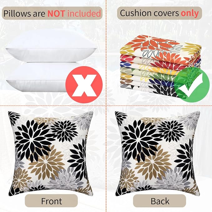 Pack of 2 Dahlia Outdoor Waterproof Throw Throw Pillow Cases 20×20 Black and Brown Throw Pillow Cases Spring Summer Decorative Cushion Covers for Couch Bench Furniture Patio Garden