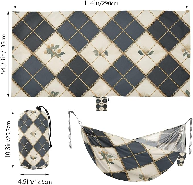 Gray-Green Checkerboard Flowers 330lb Capacity Hammocks with Tree Straps Fabric Hammock for Outside Beach Patio Garden Base de hamaca para adultos