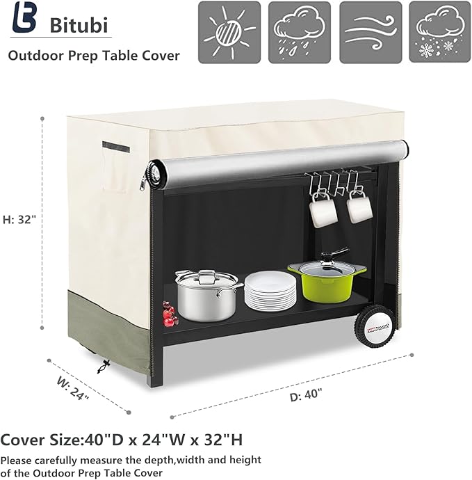 Bitubi Outdoor Dining Cart Cover for Royal Gourmet Double-Shelf Movable Dining Cart Table, Heavy Duty Waterproof Prep Table Cover with Split Zipper, Compatible with 40 inch Utility Cart, Beige