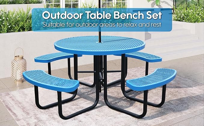 46 Inch Round Outdoor Metal Picnic Table, All-Weather Patio Dining Set for 6-8 Adults, Heavy Duty Steel with Central Umbrella Hole, Perfect for Garden, Backyard, Deck & Small Spaces - Easy Assembly