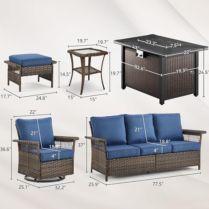 Patio Furniture Set with Fire Pit Table, 7PCS Patio Conversation Set Brown Resin Wicker Swivel Patio Chair Sofa Ottoman Set with Side Table and Fire Table PE Rattan Furniture Set