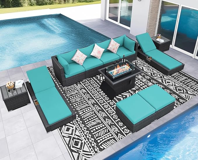 NICESOUL 11 Piece Sectional Outdoor Set with Firepit Loungers, Extra Large Backyard Seating with Fireplace, 29.3'' Highback Patio Couch Sofa, All-Weather Wicker Furniture Sets for Deck, Grey&Teal