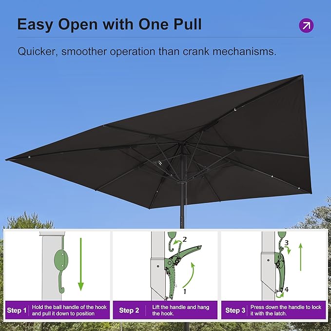 PURPLE LEAF 16' x 16' Square Semi-Auto Outdoor Patio Umbrella Aluminium Market Umbrella Table Sun Umbrella with 3.15" Rod and 8 Sturdy Ribs for Deck Lawn Pool Garden, Gray