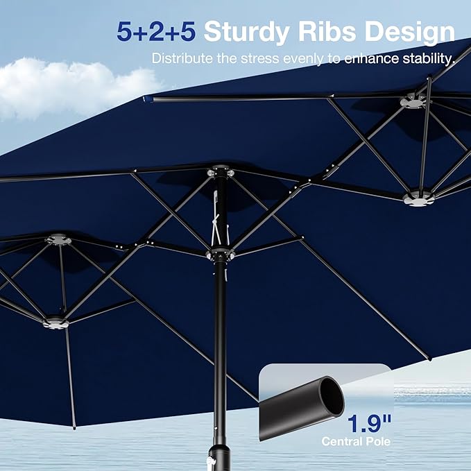 Joyside 15FT Large Patio Umbrella, Outdoor Double Sided Umbrella, Rectangle Umbrella with Crank Handle, 12 Sturdy Ribs for Deck, Porch and Pool