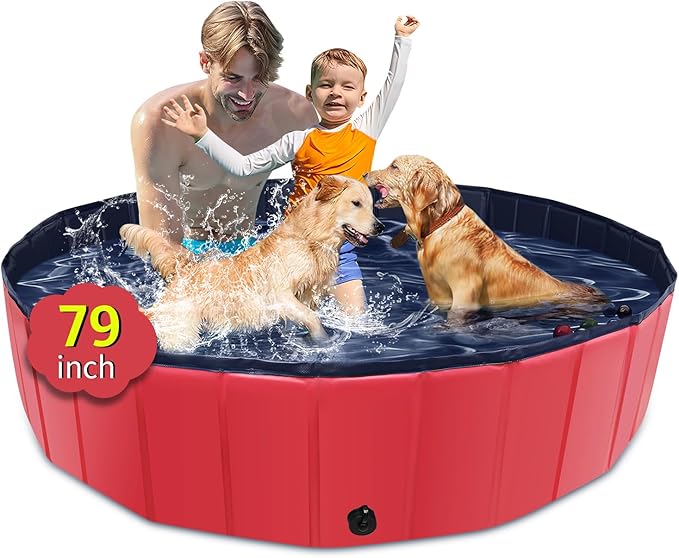 CACSPS Foldable Dog Pool, 79" x 14" Large Kiddie Pool with Hard Plastic, Non-Slip Dog Bath Tub for Outdoor Backyard, Collapsible Dog Swimming Pool for Kids Dogs Pets (Red)
