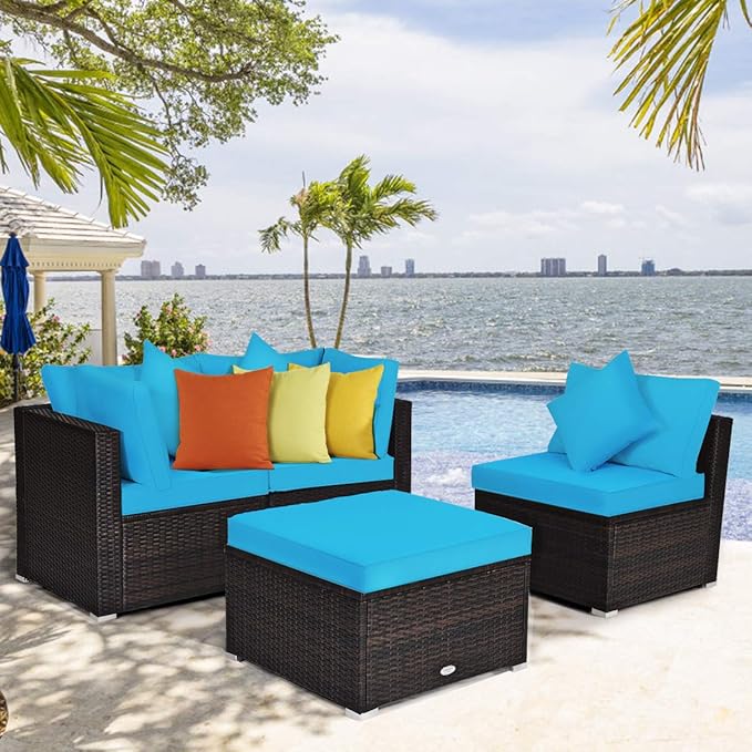 Tangkula 4 Pieces Patio Furniture Set, All Weather Outdoor Sectional Rattan Sofa Set w/Removable Cushions & Pillows, Wicker Conversation Set with Heavy-Duty Steel Frame for Backyard Garden Poolside