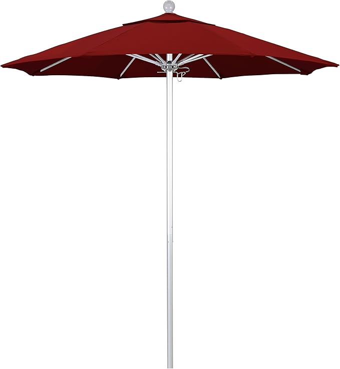 California Umbrella 7.5' Rd. Venture Series Contract Grade Patio Umbrella, Push Open Pin Stop, Silver Finish, Solution Dyed Red