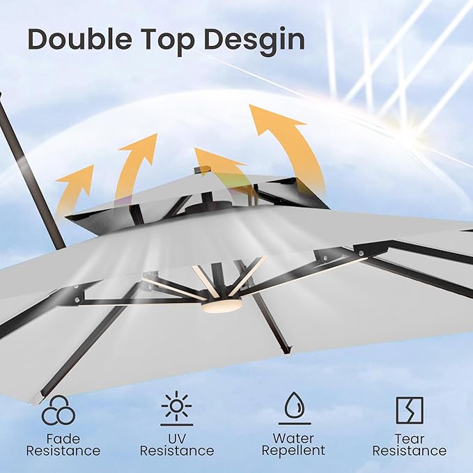 9x12 FT Cantilever Patio Umbrella with Base and Led Lights Double Top Outdoor Rectangular Large Heavy Duty Aluminum Offset Umbrellas with 7 Level Tilt 360-degree Rotation for Pool Garden Deck, Fog Grey
