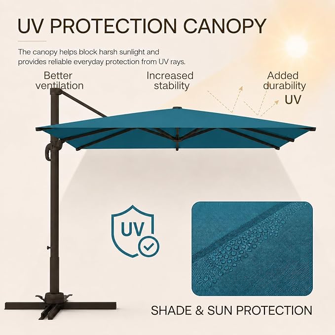 Kingdura 10' X 10' Cantilever Patio Umbrella with Base Included, Large Square Aluminum Outdoor Offset Umbrella with 360-degree Rotation, 4 Position Tilt, UV Protection for Pool Deck Garden Patio (Lake blue)