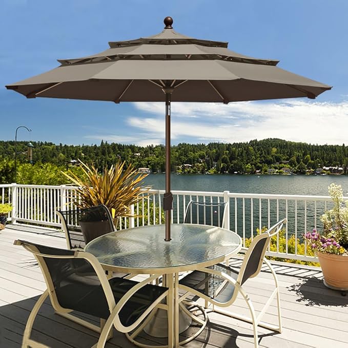 EliteShade USA 10-Year-Non-Fading 9ft 3-Tier Market Patio Umbrella, Commercial Grade Outdoor Table Umbrella with Crank Open, Windproof & UPF 50+ UV Protection, Heavy Duty Ventilation for Garden, Deck, Pool, Backyard, Beach & Bistro, Taupe