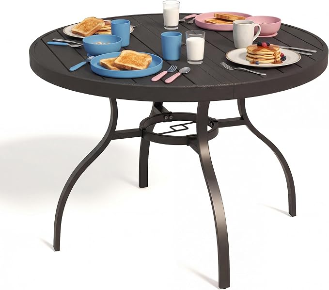 41” Patio Outdoor Dining Table, Wood-Grain Patio Round Table with Umbrella Hole, All-Weather Metal Dining Table for Party, Lawn & Garden