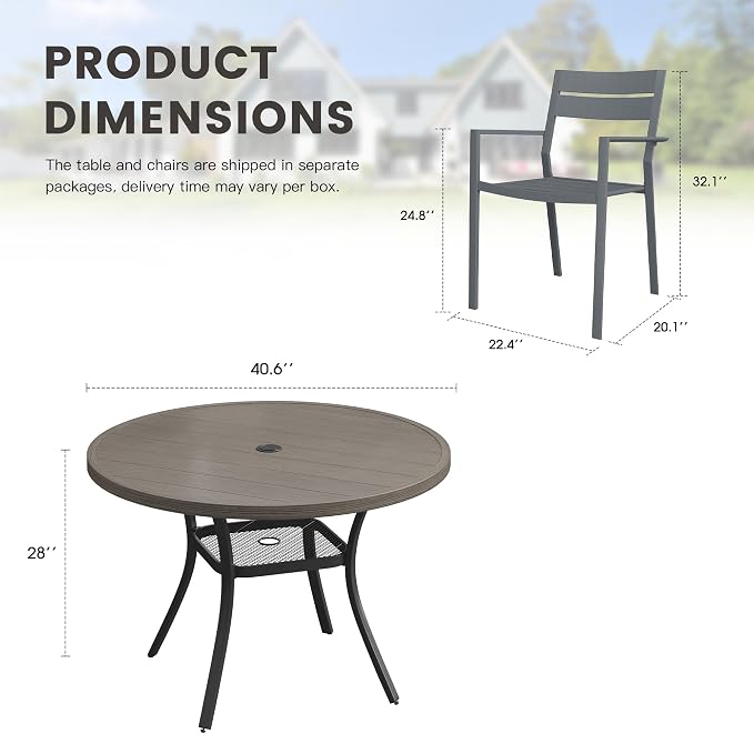 Patio Dining Set for 4, 40.6" Outdoor Dining Table and Chairs Set with Stackable Patio Chairs Outdoor Furniture Outdoor Furniture for Garden Deck Backyard, Grey Table and Grey Chairs