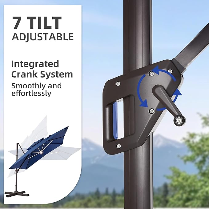 10 X 13 FT Cantilever Patio Umbrella with Led Lights Heavy Duty Windproof Double Top Large Rectangle Offset Umbrellas with 360-degree Rotation for Garden Pool Deck Backyard, Navy
