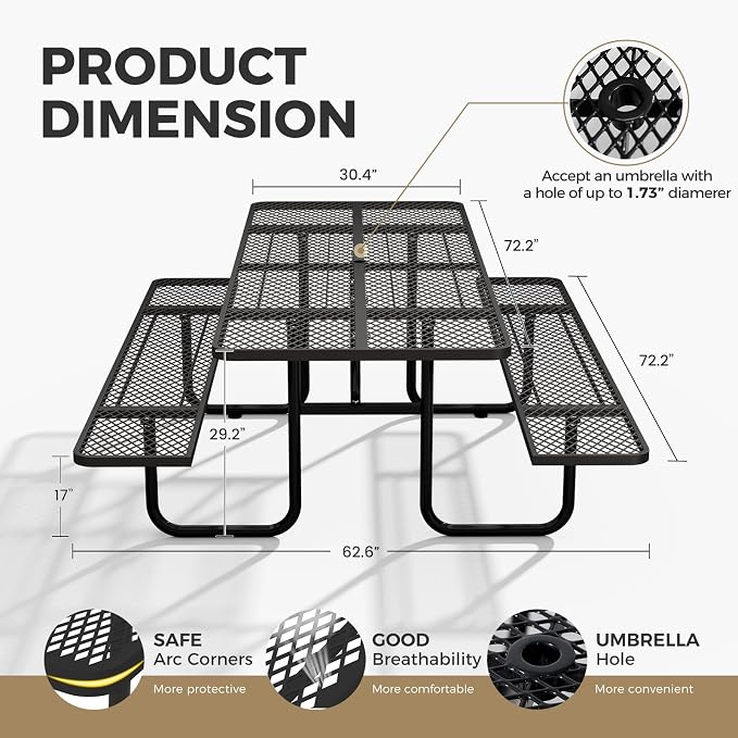 72 Inch Heavy Duty Picnic Table for Outdoors, Rectangular Camping Table with Benches and 1.78" Umbrella Hole, Commercial Grade Steel Frame, 2200 lbs Load Capacity, Black