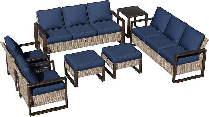 Joyside Outdoor Patio Chairs, 7 Pieces Wicker Rattan Furniture Set, 2 Patio Chairs, 2 Sofa, 2 Ottoman and 1 Table, Metal Wide Armrest, Thick Cushions and Deep Seating for Garden, Backyard, Porch