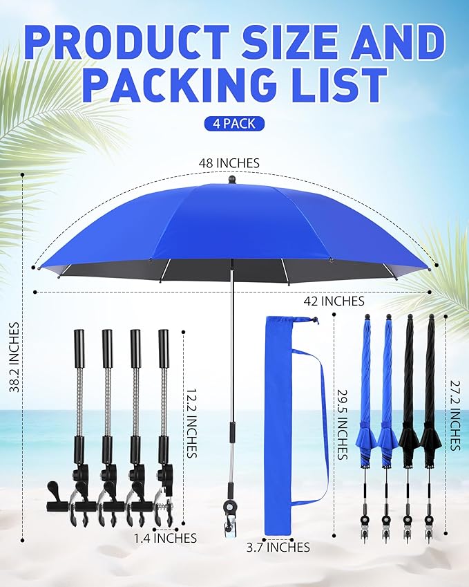 Shinylin 4 Pcs Beach Chair Umbrellas with Clamp 360° Adjustable 42" Umbrellas for Chairs Upf50+, Stroller, Fishing, Camping, Patio, Wheelchair, Golf Cart (Chair Not Included)