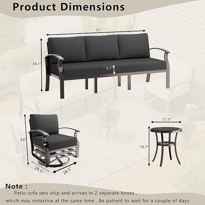 Patio Furniture Set 3-Piece Aluminum Armrest Sofa, All-Weather Patio Conversation Set with Tempered Glass Top Table & Removable Sponge Cushions for Backyard Poolside - Black.