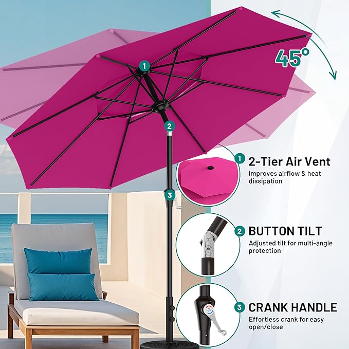 AreShark 10ft 2 Tiers Patio Umbrella - Outdoor Umbrella Waterproof UV Protection, Market Table Umbrella w/Push Button Tilt&Crank for Pool, Porch, Garden(Rose Pink)