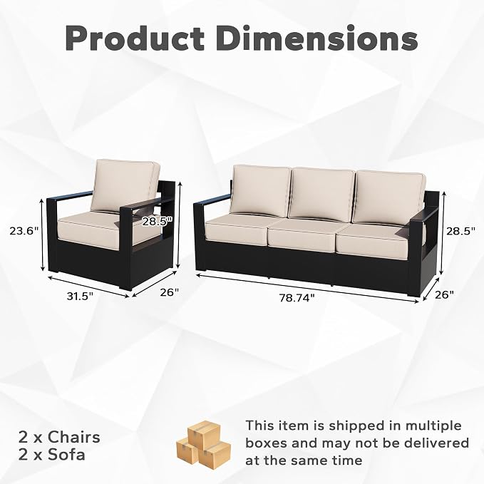Outdoor Aluminum Furniture Set, 4-Piece Patio Conversation Set, 2 Chairs and 2 Sofa, All-Weather Metal Frame, 6" Thick Removable Cushions, Deep Setting for Garden, Poolside and Porch