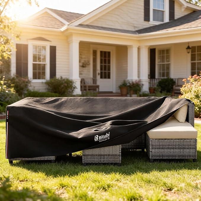 Bitubi Rectangular Patio Table Cover - Heavy Duty 600D Tough Canvas Waterproof Outdoor Dining Table and Chairs Universal Furniture Cover Size 111L x 74W x 28H inch, Black