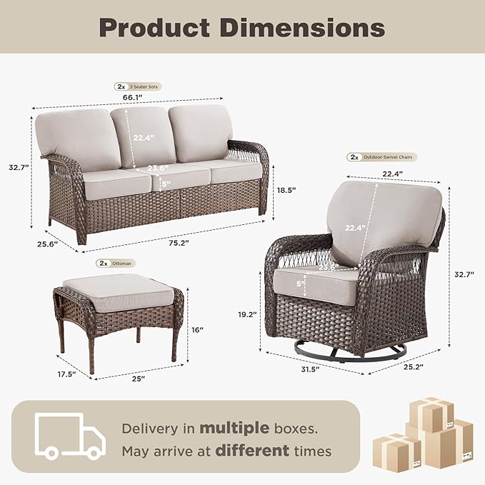 Belord Luxury Patio Furniture Set with 5-inch Thick Cushion, Outdoor 3-seat Sofa and High Back Swivel Rocker Patio Chairs and Ottoman, 6PCS Wicker Conversation Set for Deck Yard and Poolside,Beige