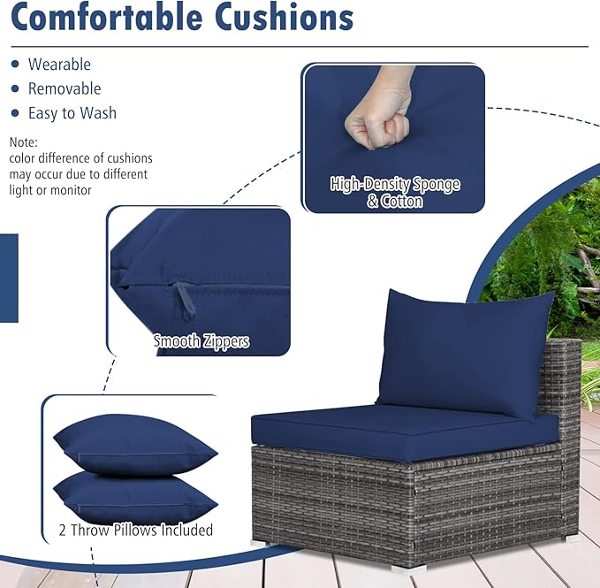 Tangkula 7 Piece Patio Wicker Furniture Set, Outdoor Rattan Sectional Sofa Set for 6 with Seat & Back Cushions, 2 Throw Pillows, Sofa Fastener Clips, for Backyard, Poolside, Deck and Garden (Navy)