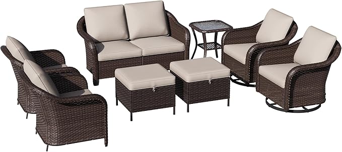 8 Piece Patio Wicker Conversation Set, All-Weather Use Outdoor Wicker Loveseat with 2 PE Rattan Ottomans,2 Chair, 2 Swivel Chair, 1 Side Table, Ideal for Porch, Backyard, Balcony, Poolside, Beige