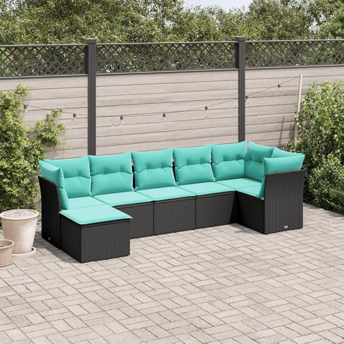 7 Piece Patio Sofa Set with Cushions, Sectional Sofa Front Porch Furniture Porch Furniture Set Patio Conversation Set for Poolside Exhibition Piazza Garden Black Poly Rattan