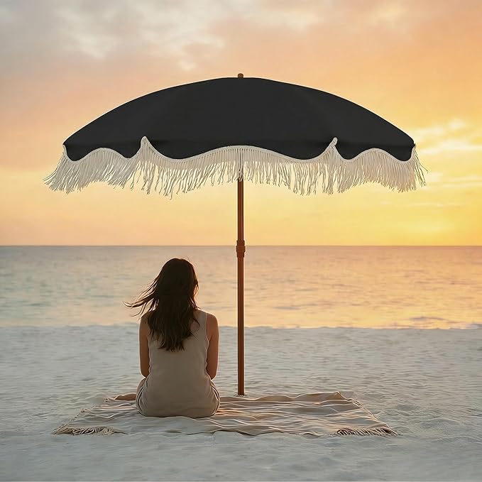 7ft Patio Umbrella with Fringe, Boho Beach Umbrellas, Outdoor Tassels Umbrellas with Push Button Tilt & Carrying Bag, 8 Windproof Fiberglass Ribs, UPF50+