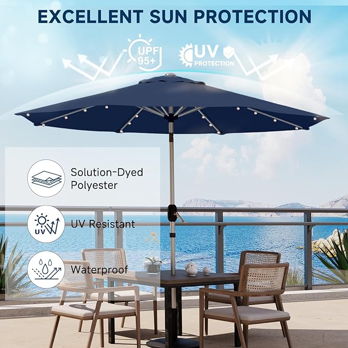 10FT 40-LED Solar Lighted Aluminum Patio Umbrella, Fade-Resistant Outdoor Market Table Umbrella with Push Button Tilt Function, 8 Sturdy All-Aluminum Ribs for Gardens, Decks, Backyards & Pools