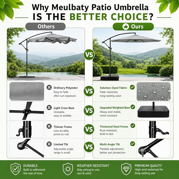10FT Patio Umbrella with Base, Outdoor Umbrella Pool Umbrella Cantilever Umbrells - UV Protection, Easy Tilt & 360° Rotation for Poolside, Backyard & Garden