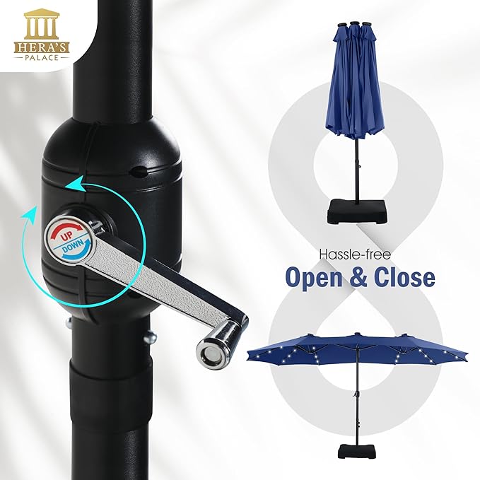 HERA'S PALACE 15ft Patio Umbrella with Base Included Double Sided Outdoor Umbrella for Patio Table Umbrella Outdoor 36 LED Solar Lights for Garden