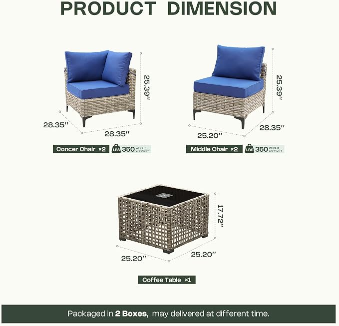 5 Piece Outdoor Sectional Patio Furniture Set with Solar Lighted Coffee Table, Modular Wicker Conversation Set with Flexible L-Shaped Layout for Porch Balcony Backyard, Navy Blue