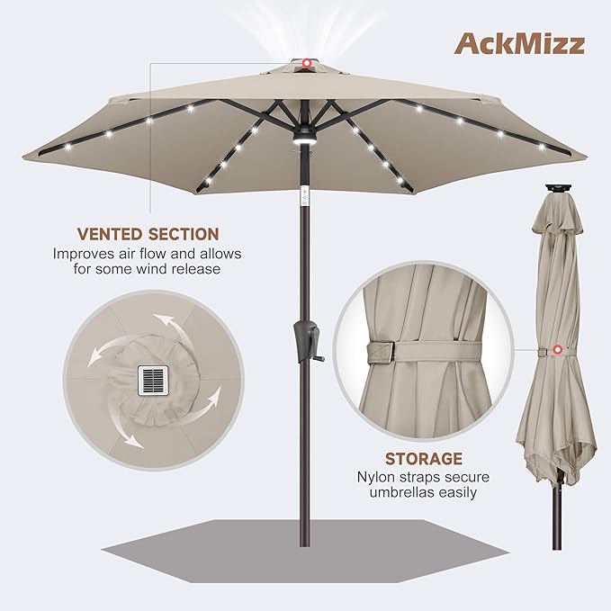 7.5FT Solar Umbrella Outdoor - Lighted Solar Patio Umbrella with 24 LED Lights Waterproof UV Protection, Table Umbrella with Tilt for Pool, Porch, Garden, Deck, Backyard (Taupe)