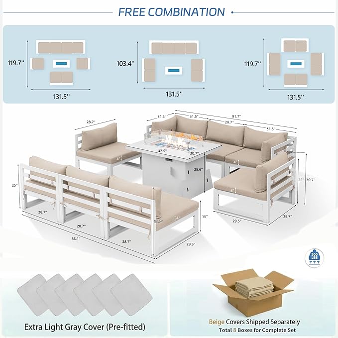 NICESOUL 8 Person Modern Aluminum Outdoor Patio Furniture Set with Fireplace, 29" Wide Deep Seating, Water Resistant L Shaped Sectional Couch, Extra Large Conversation Set for Backyard Terrace, Beige