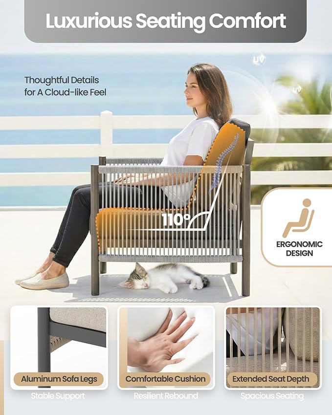 Aluminum Patio Furniture Set, 5 Seats Modern Outdoor Sectional Furniture with PE Rope & Dual-Layer Coffee Table, Luxury Patio Conversation Sets with 6" Cushions for Backyard/Garden, Charcoal