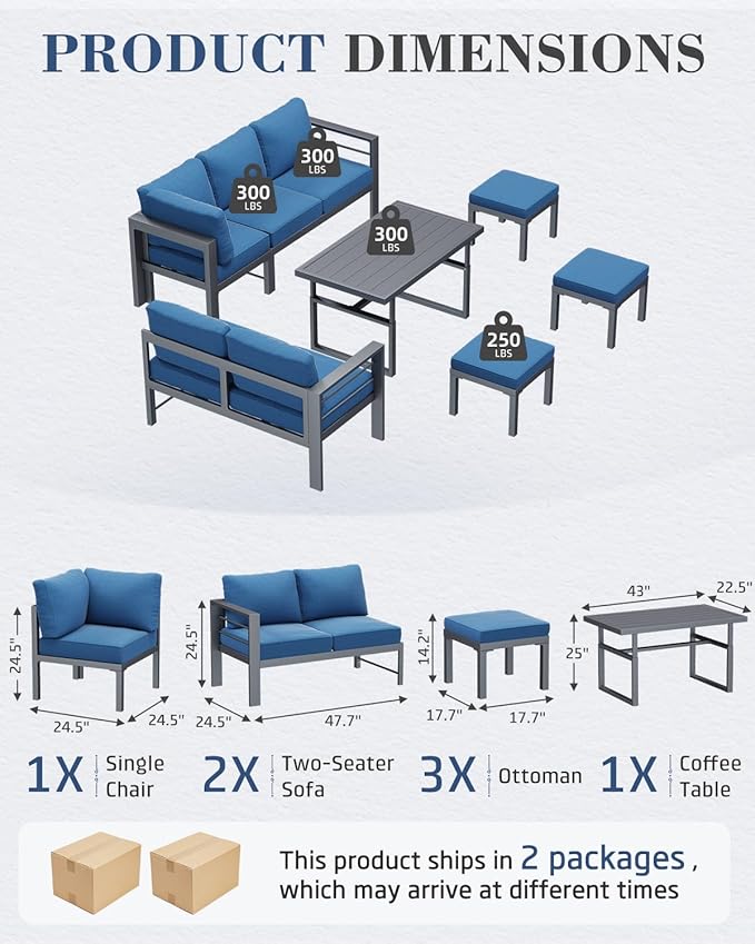 AECOJOY Aluminum Patio Furniture Set, 8 Seats Modern Outdoor Furniture with Adjustable Table, 7 Pieces Metal Conversation Sectional Sofa, Blue
