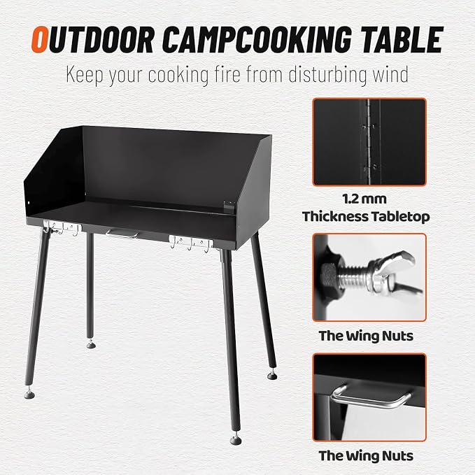30 Inch Outdoor Camp Cooking Table, with Foldable Three-Sided Windscreen and Legs for Dutch Oven Cooking and Food Preparation with Charcoal Briquettes