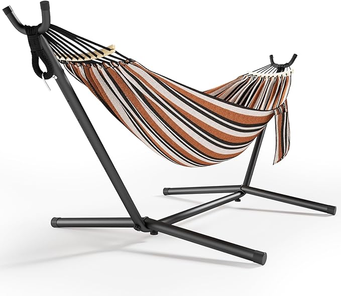 600lbs Hammock with Stand for Outside, 2 Person Portable Hammock with Side Storage, Carrying Bag, Expend Wooden Bar for Outdoor or Indoor (Brown Black)